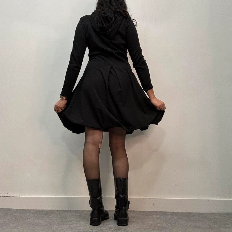 black gathered puff shirt dress