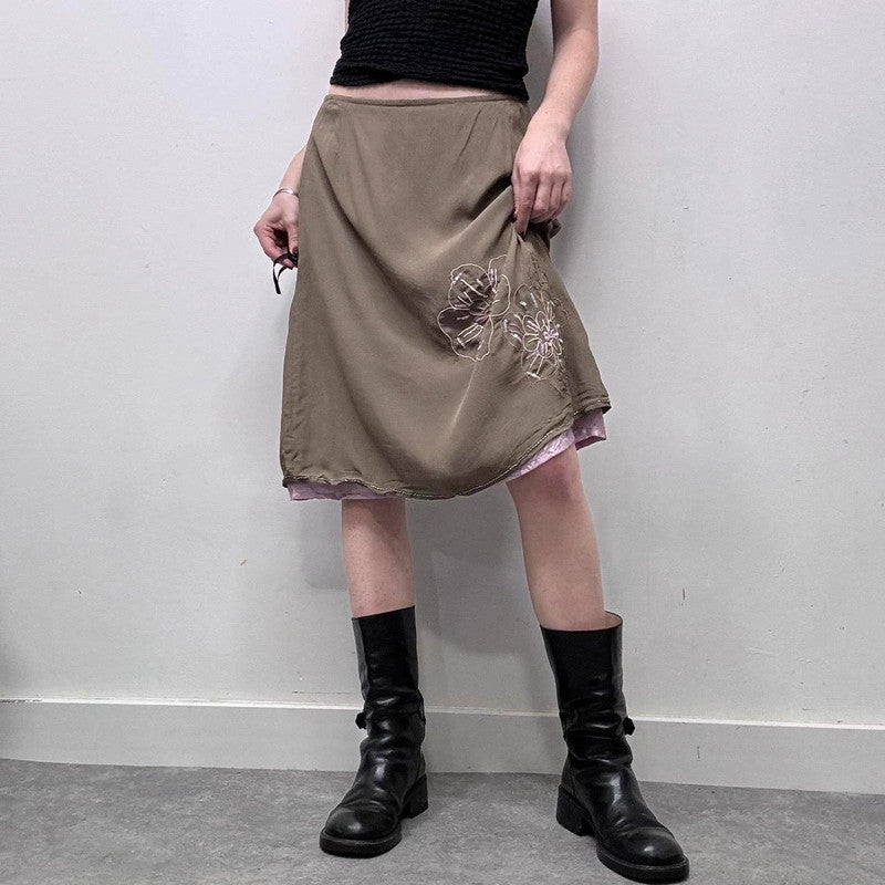 khaki silky layered midi skirt