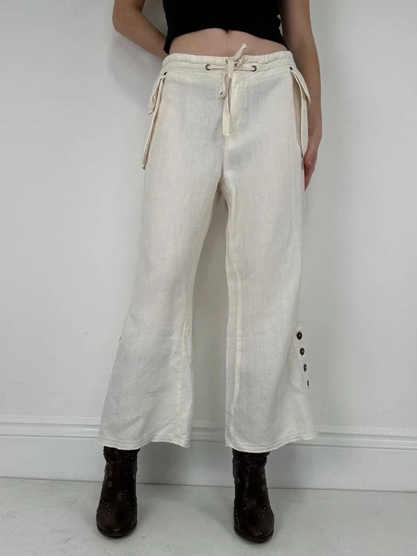 white linen flared utility button trousers