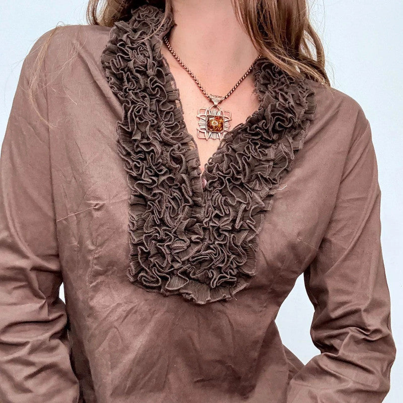 brown ruffle flared shirt