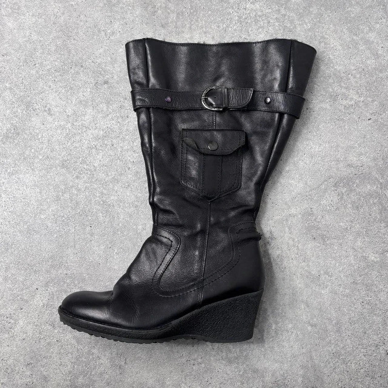 black leather buckle knee high boots