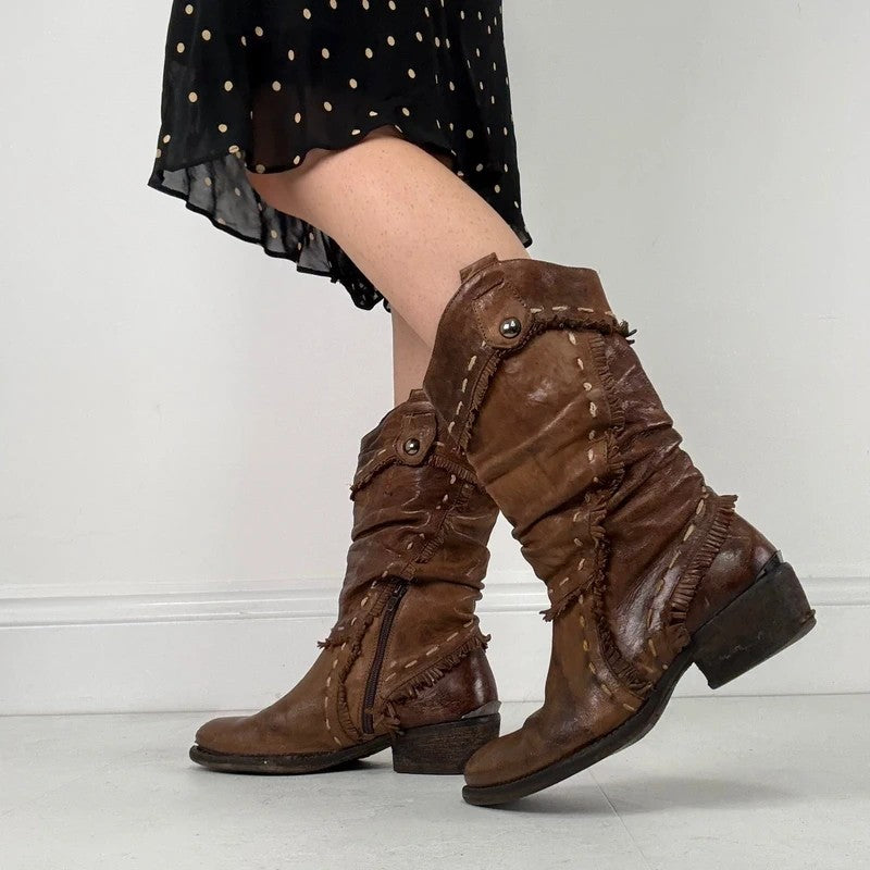 Brown leather slouchy western boots