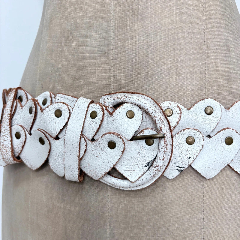 Distressed white leather heart link belt