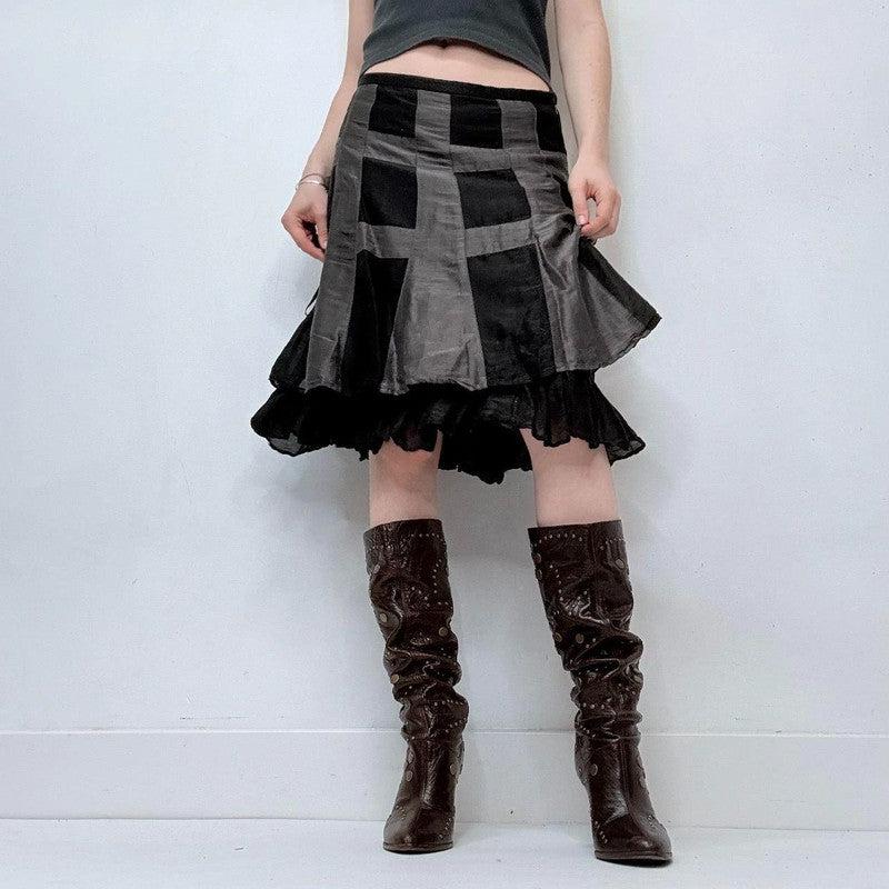 black layered flared ruffle silk skirt