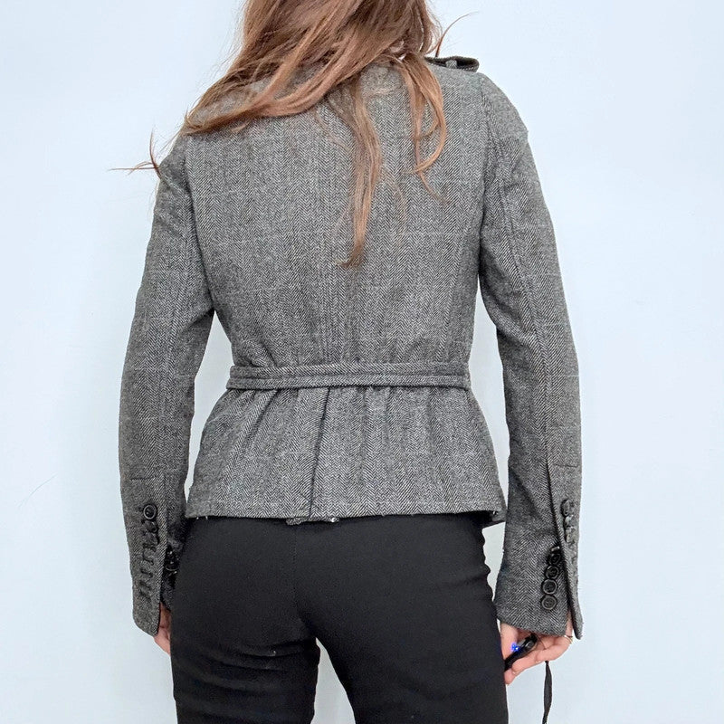 grey fitted flared high neck military jacket