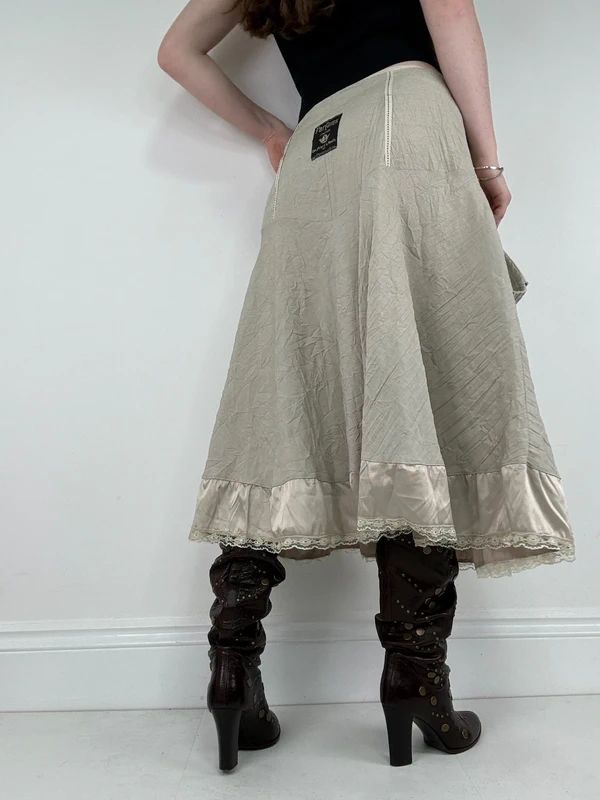 Khaki flared ruffle drop waist midi skirt