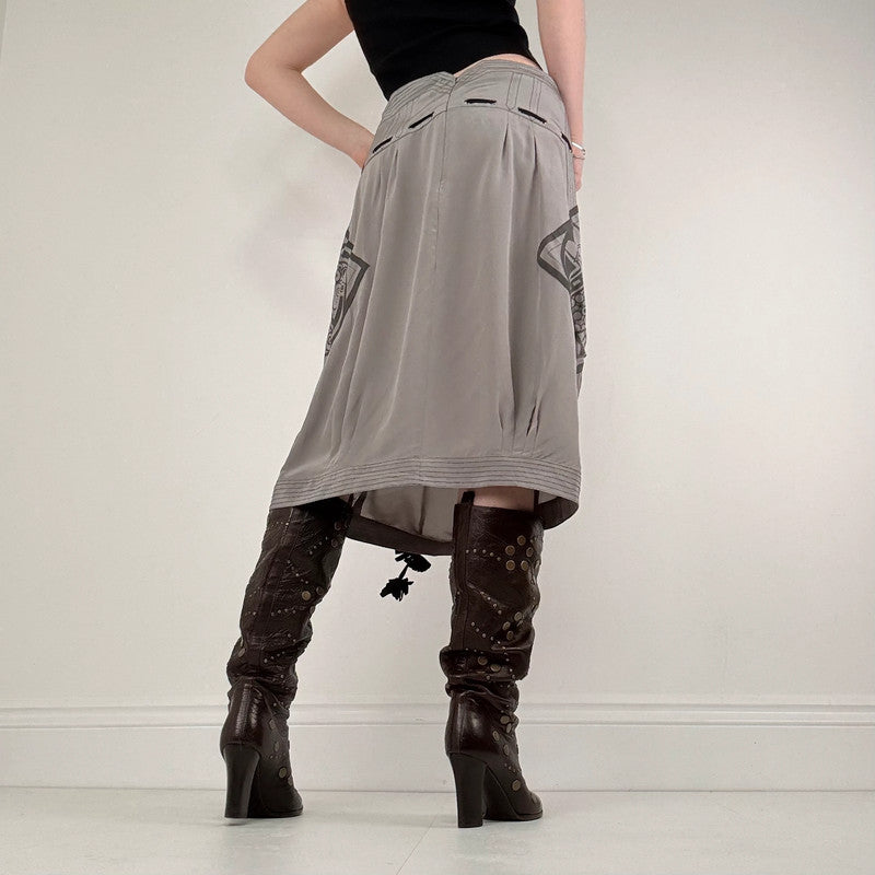 grey pleated puff graphic midi skirt