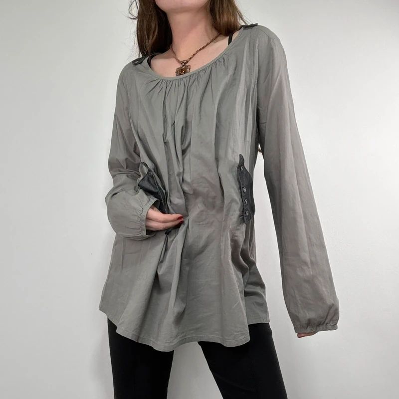 utility khaki pleated blouse with harness braces