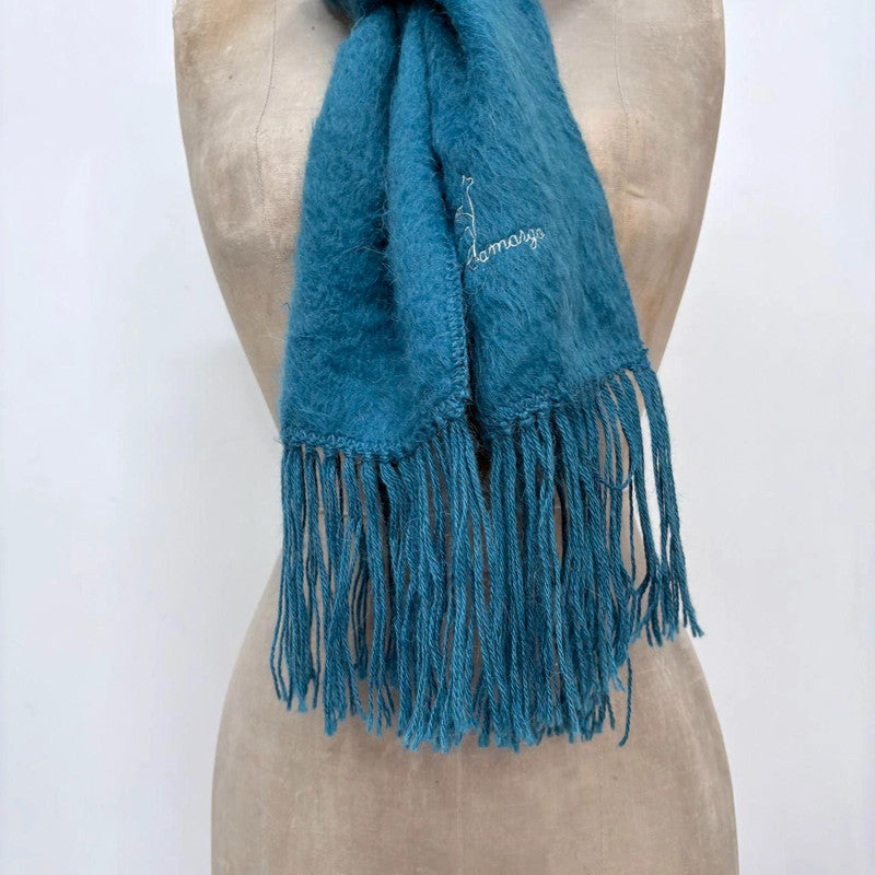 blue wool mohair knit tassel scarf