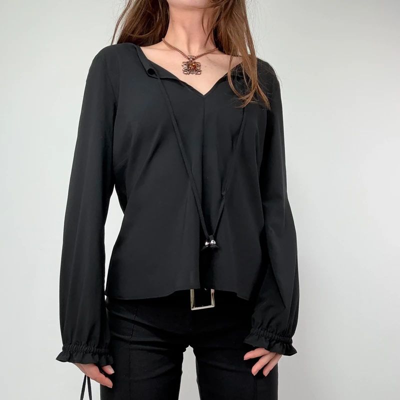 black flared floaty western boho blouse