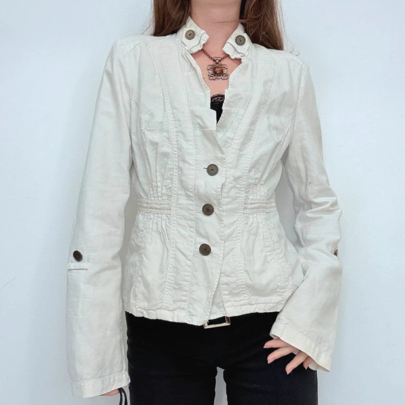 white linen fitted flared regency napoleonic jacket