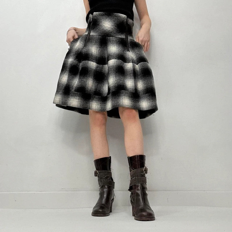 black checked puff structured skirt
