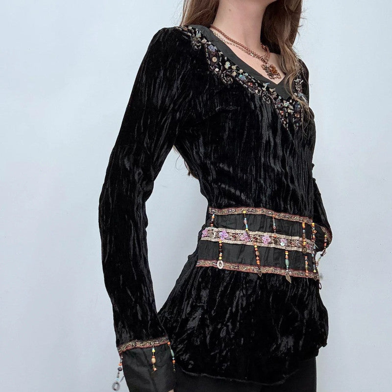 black crinkle velvet boho flare top