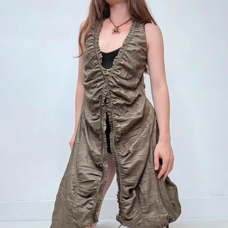 gathered cinched khaki green pantaloon dress