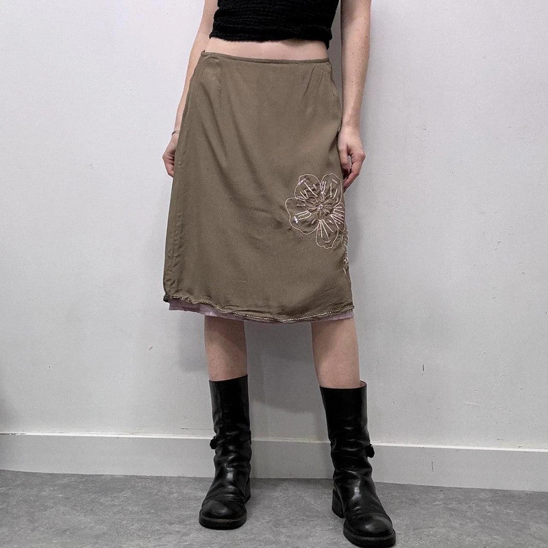 khaki silky layered midi skirt
