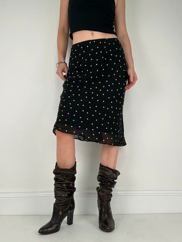 Black and white polkadot flutter midi skirt