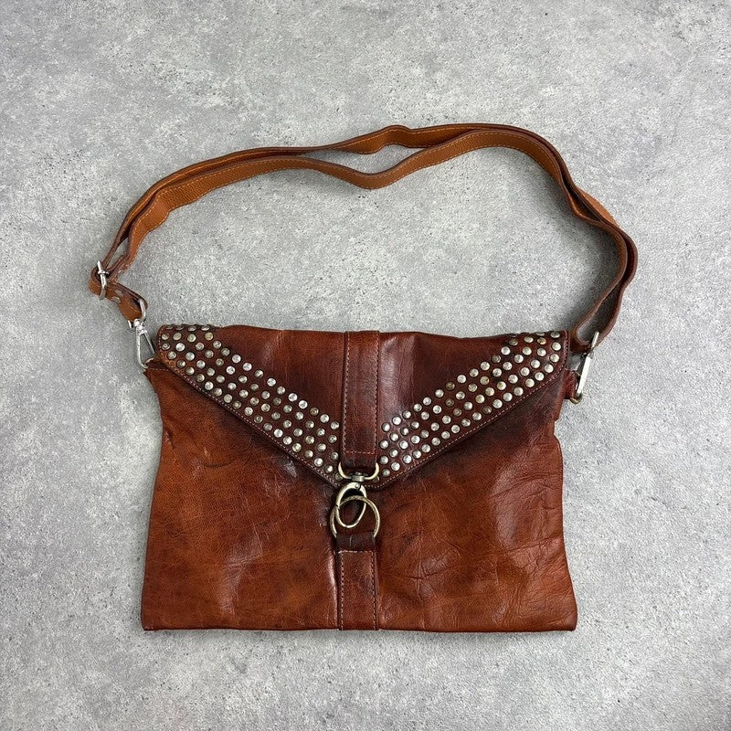 Studded distressed brown leather cargo messenger bag