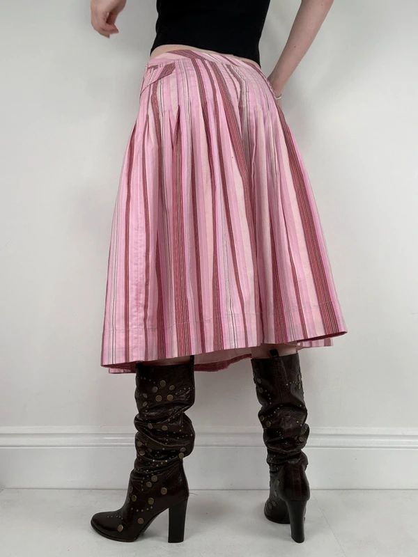 pink cotton pleated pinstripe flared midi skirt