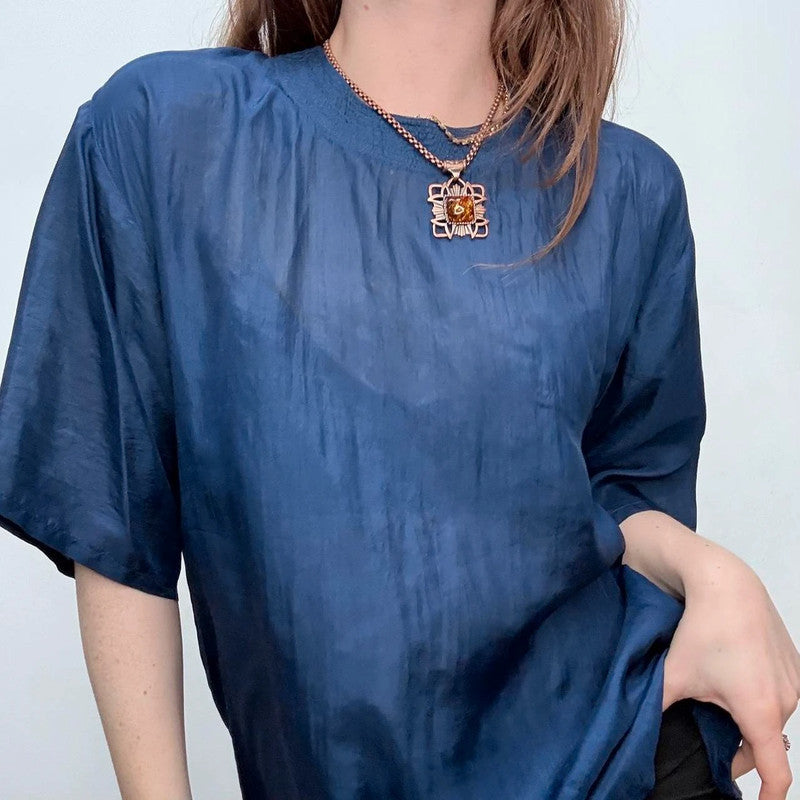 blue silk slouchy top blouse