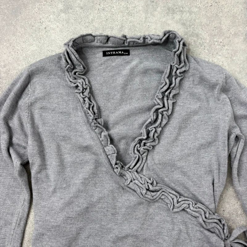 grey knit ruffle wrap cardigan