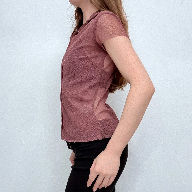 pink sheer mesh button shirt