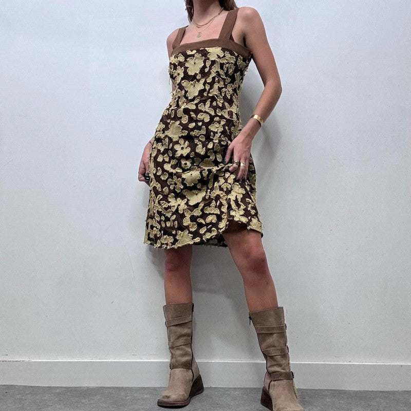 brown flower distressed frayed midi dress