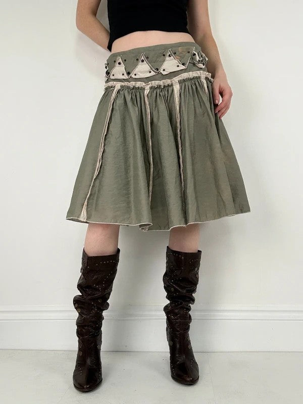 khaki pleated drop waist midi skirt