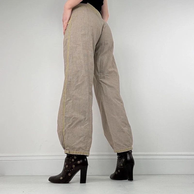 brown pinstripe pleated hem puff cotton trousers