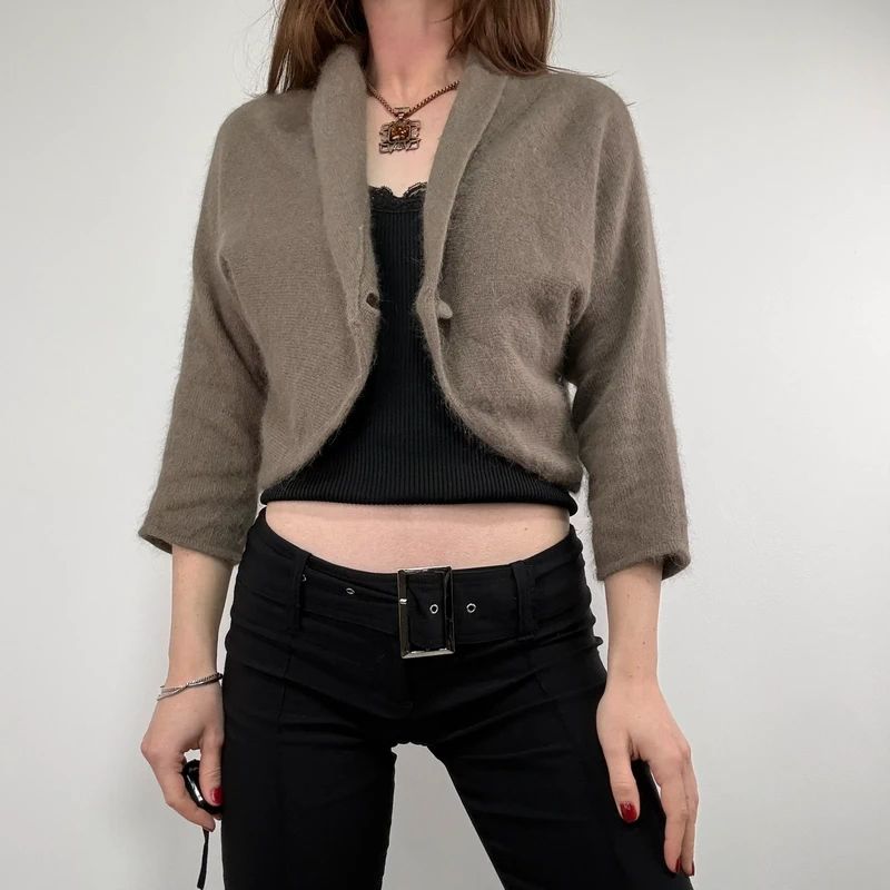 brown angora knit cropped slouchy cardigan