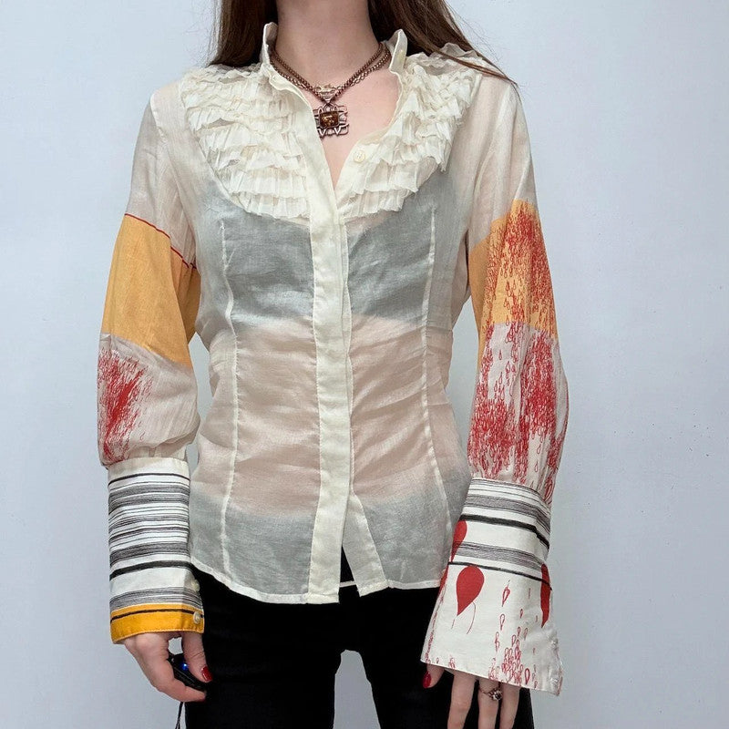 cream ruffle printed sheer shirt