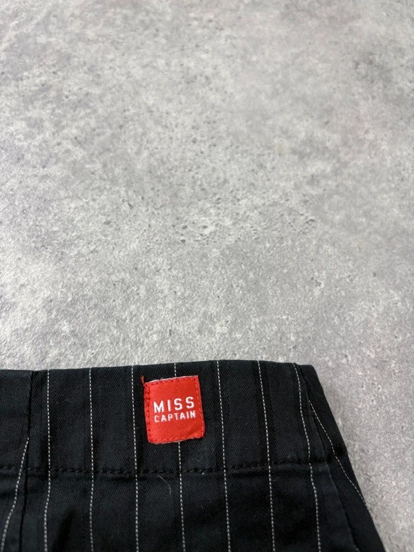 asymmetric deconstructed black pinstripe midi skirt