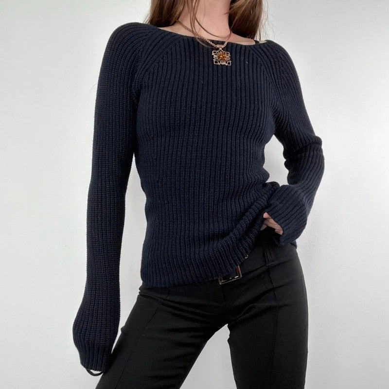 chunky navy knitted slash neck fisherman rib jumper