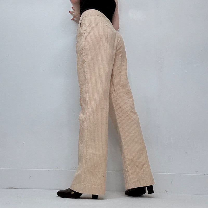 textured pleated pinstripe wide leg flared cotton pants