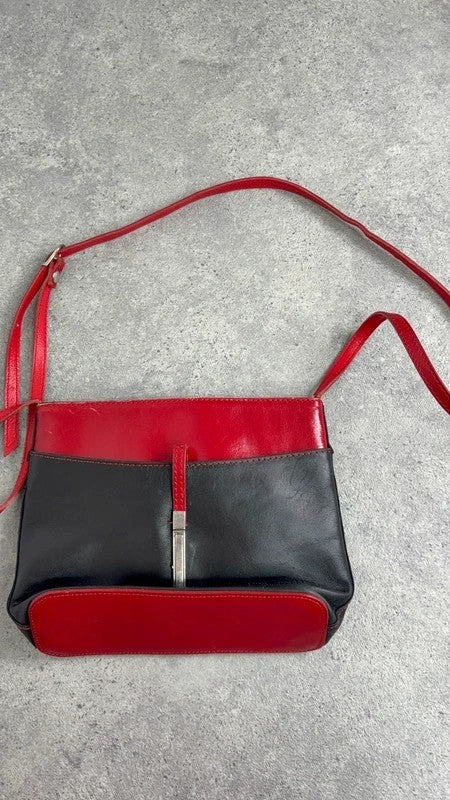 Black and red leather patient mini messenger bag