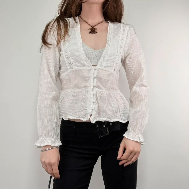 white cotton flared embroidered lace blouse