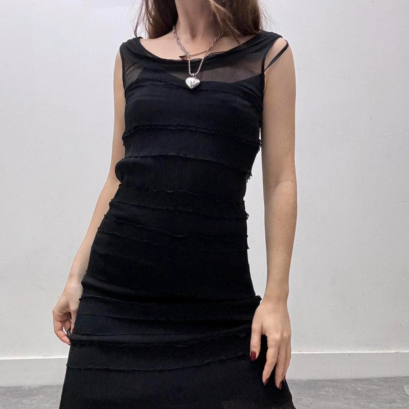 sheer ruffle black silk dress