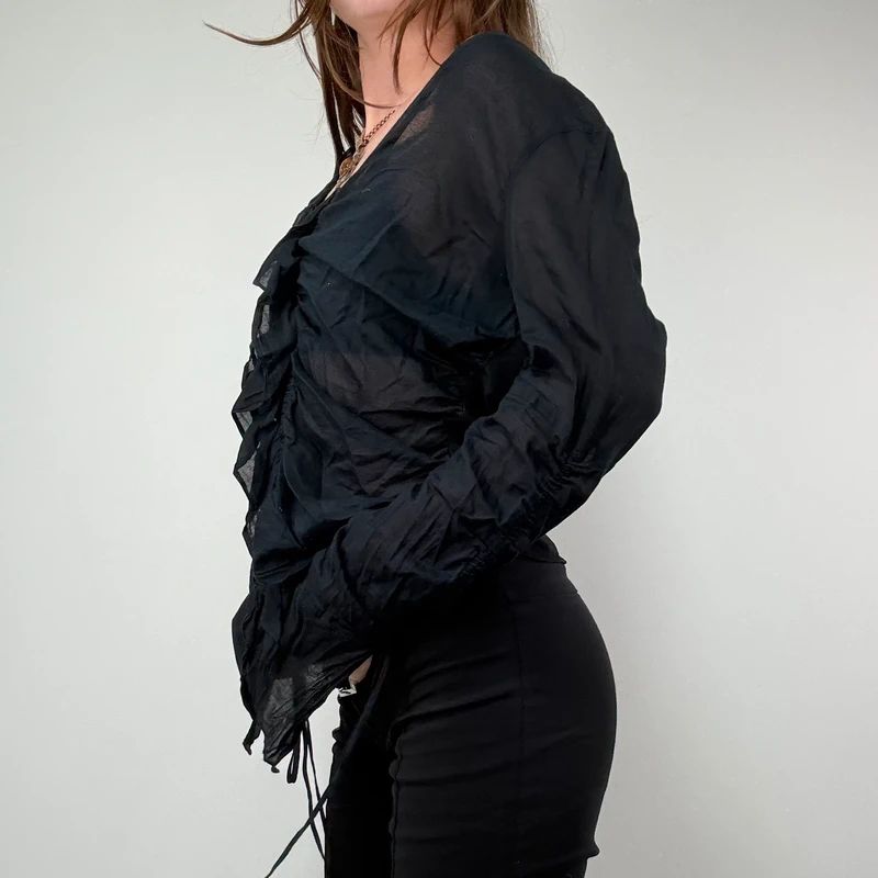 black ruffle hook and eye grunge flutter shirt