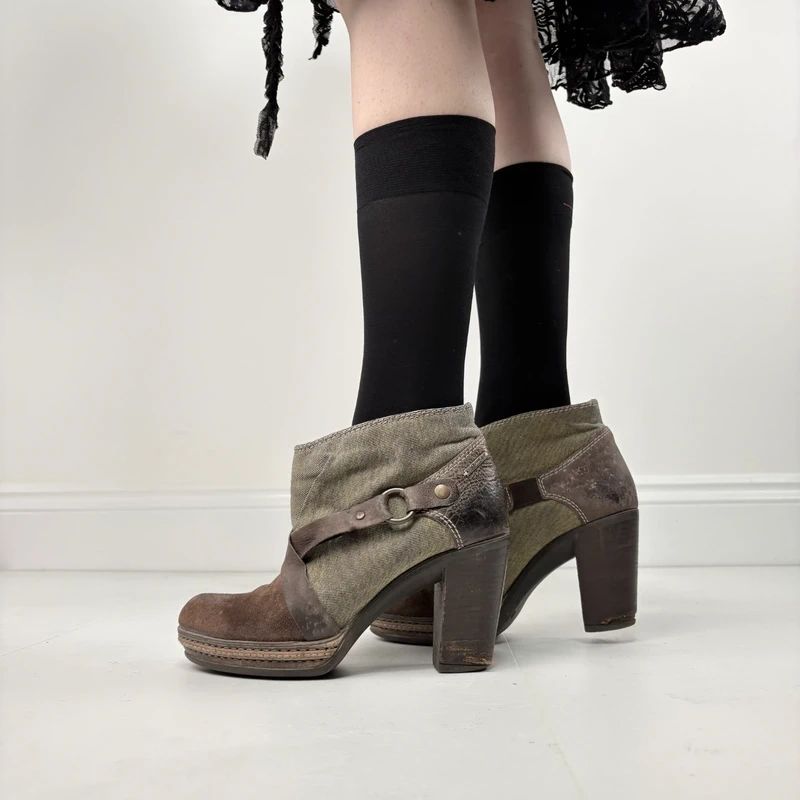 Diesel khaki leather buckle heeled boots