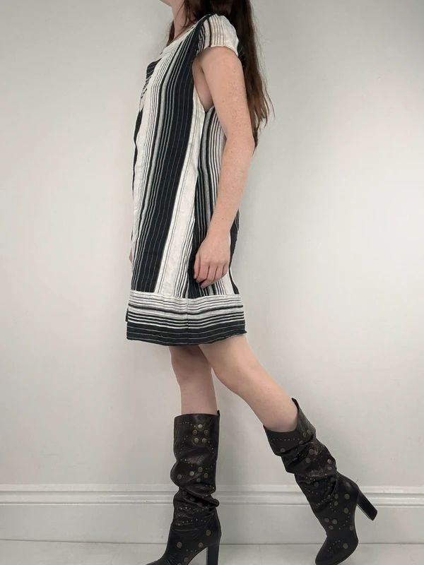 black and white linen pinstripe a-line mini dress