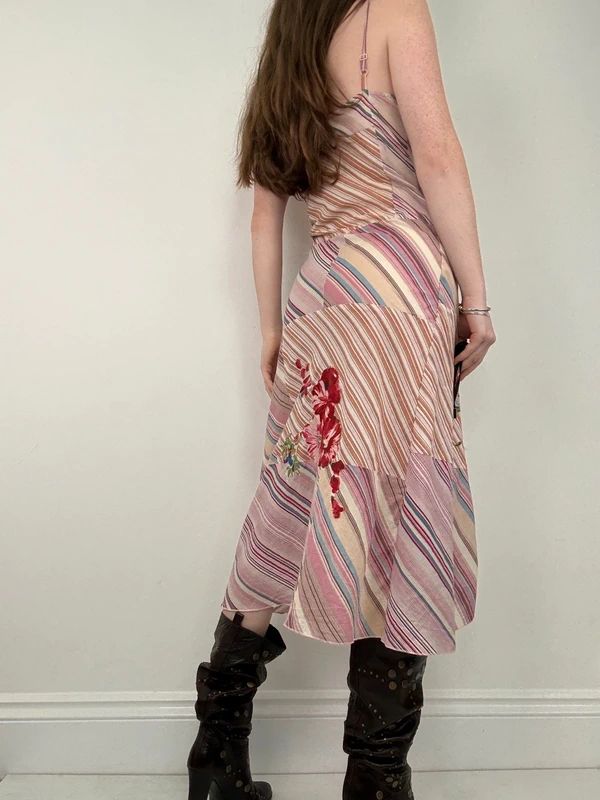 pink pinstripe flared ruffle maxi dress