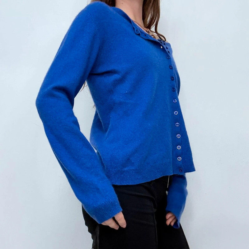 blue cashmere button up slash neck cardigan