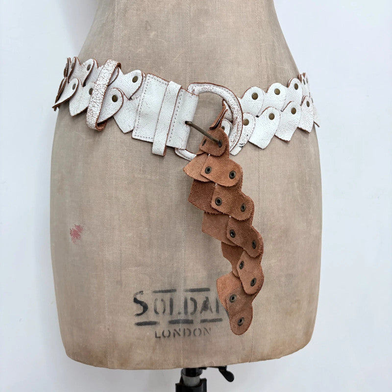 Distressed white leather heart link belt