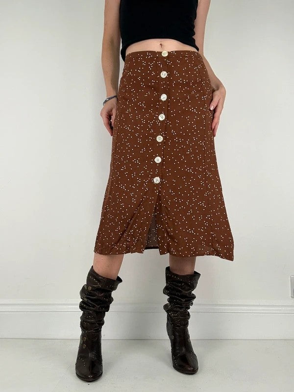 Brown polkadot button Rouje midi skirt