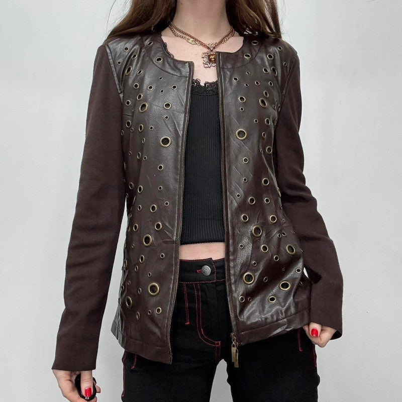 brown studded eyelet leather jacket