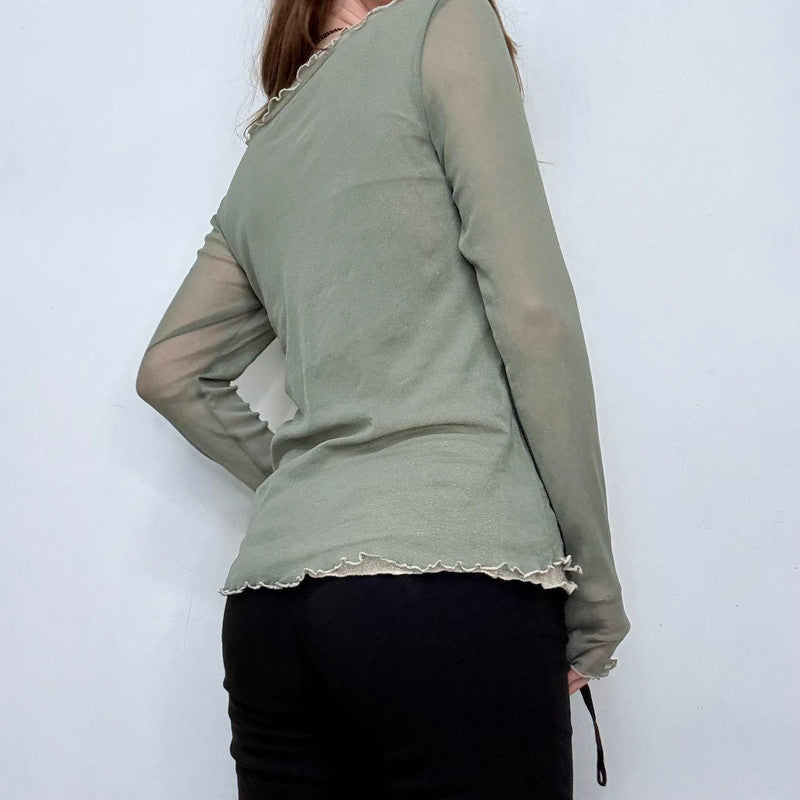 sheer layered khaki green slash neck long sleeve t-shirt