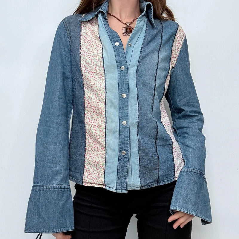 denim striped western floral shirt