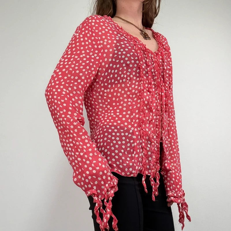Red polka dot flutter fray blouse with hook and eyes