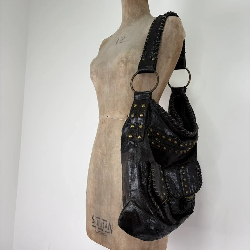 Black studded stitched slouchy shoulder bag