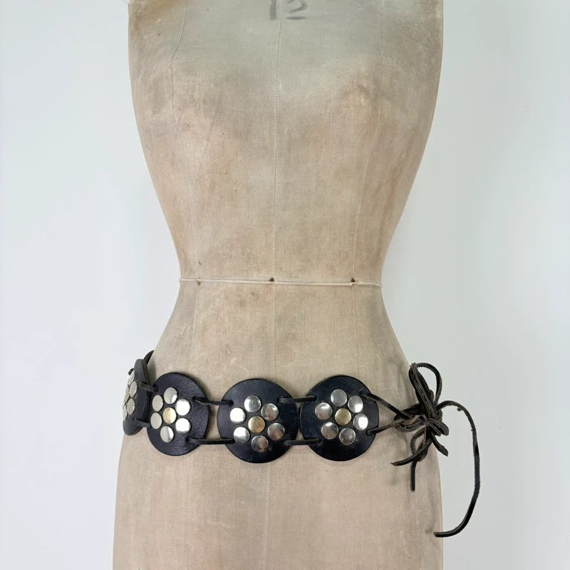 Black leather studded circle belt