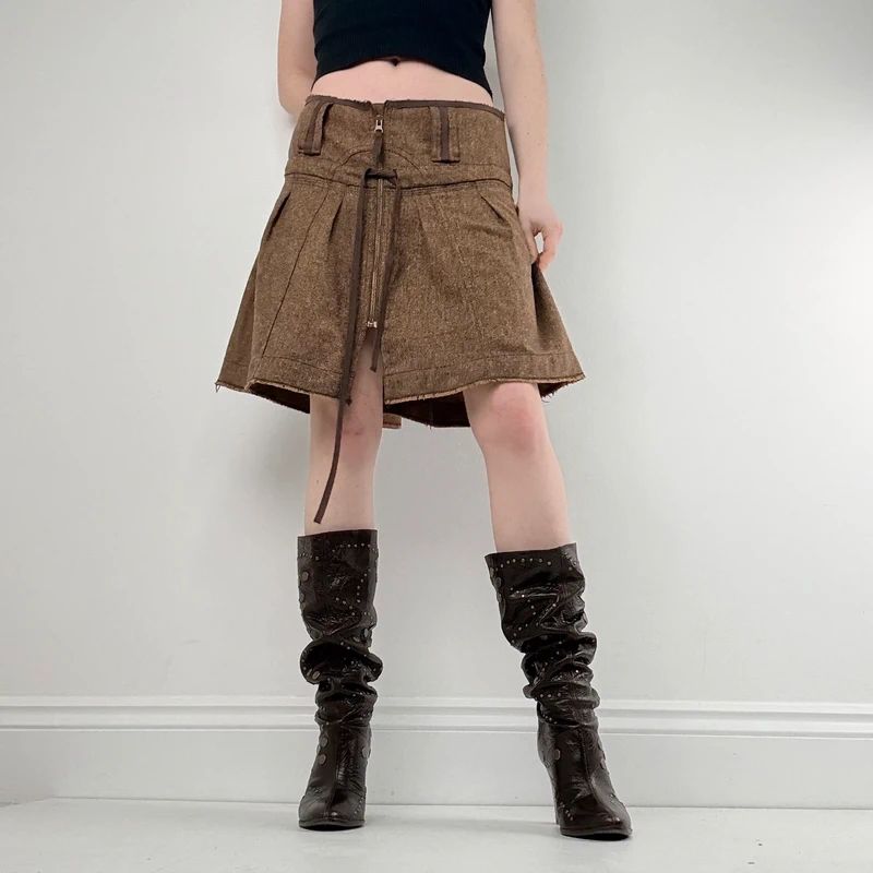 brown utility zip pleated midi skirt